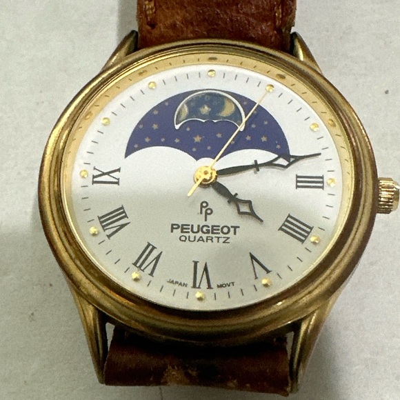 Peugeot Gold Watch with Brown Strap - Picture 1 of 3